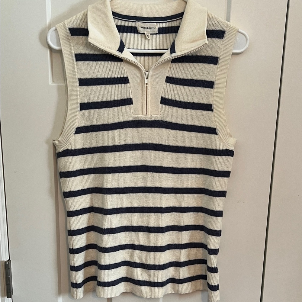 Thread & Supply Cream and Blue Striped V-Neck Sweater